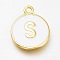 Brass Enamel Pendants, Long-Lasting Plated, Golden, White, Flat Round, Letter.S, 16.5x13x2mm, Hole: 1.5mm