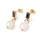 Jet Rhinestone Rectangle with Natural Pearl Dangle Stud Earrings EJEW-E264-04-2
