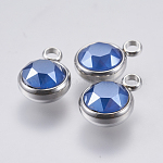 K9 Glass Pendants, with 304 Stainless Steel Findings, Faceted, Flat Round, Stainless Steel Color, Royal Blue, 13.5x10x6mm, Hole: 2.5mm