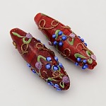 Handmade Bumpy Lampwork Rice Beads Strands, with Flower Pattern, Red, 40~45x13~15mm, Hole: 2mm, about 7pcs/strand, 12inch