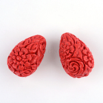 Perles de cinabre de fleurs sculptées, larme, firebrick, 20.5x13.5x13.5mm, Trou: 2mm
