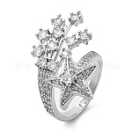 Anillos abiertos de circonita cúbica transparente con micro pavé de latón para mujer, estrella, Platino, 22mm, diámetro interior: 16 mm