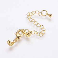 Extensor de cadena de latón chapado de larga duración, con broches de pinza de langosta y puntas de cuentas, sin plomo y cadmio, real 18k chapado en oro, 20mm, extender la cadena: 69 mm, punta de cuentas: 8x3.5 mm, interior: 3 mm, cierres: 12x6x2.5 mm