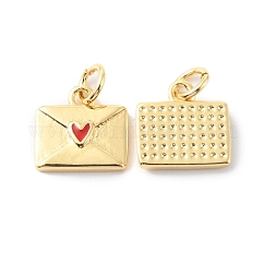 Colgantes de latón chapado en rack con anillo de salto, con esmalte, Plateado de larga duración, real 18k chapado en oro, sin plomo y cadmio, aproximamente, rojo, 10.5x11x2mm, agujero: 3 mm