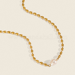 Colliers en perles de riz en acier inoxydable et perles d'eau douce naturelles françaises pour femmes, blanc, véritable 18k plaqué or, 16.54 pouce (42 cm)