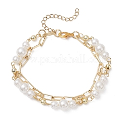 Mehrreihige Armbänder aus ABS-Kunststoff mit Imitationsperlen und Messing-Büroklammerkette für Damen&nbsp;BJEW-JB12889