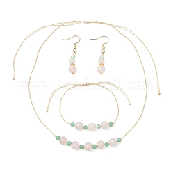 Runde natürliche malaysia jade & rose quarz perlen halskette & armband & baumeln ohrring sets&nbsp;SJEW-JS01333