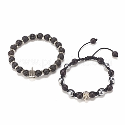 2 pz 2 braccialetti di perline intrecciate in pietra lavica naturale ed ematite sintetica e turchese (tinto) con teschio e corona in lega&nbsp;BJEW-JB08111
