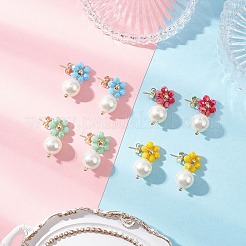 4 Paar 4 Farben Glas & Muschelperlen Blume mit runden Ohrsteckern&nbsp;EJEW-TA00748