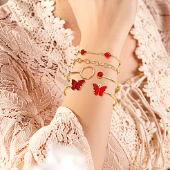 Hellgoldlegierung Schmetterling 4 Stück 2 Farben Manschette Armreif und 4 Stück 2 Farben Link Kette Armbänder Set&nbsp;BJEW-HY0001-35A