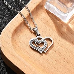Collar de cadena tipo cable con colgante de corazón de rhinestone de cristal de acero inoxidable 304 para mujer&nbsp;LS-NJEW-Z056-01B-P
