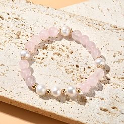 Pulsera elástica con cuentas de perlas y cuarzo rosa natural para mujer&nbsp;BJEW-JB09384-02