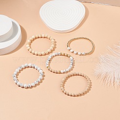 Ensemble de bracelets de perles rondes en bois naturel et howlite 5pcs 5 styles&nbsp;BJEW-JB08820
