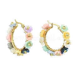 201 orecchini a cerchio con fiore e perline in acciaio inossidabile e resina&nbsp;EJEW-JE07175-01
