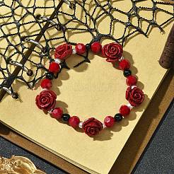 Synthetische Korallenrosenblüte & undurchsichtige Glasperlen & ABS-Kunststoff-Imitationsperlen-Stretcharmbänder für Damen&nbsp;BJEW-JB10748