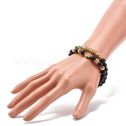 Set di bracciali elasticizzati in pietra lavica naturale e pietra nera sintetica ed ematite non magnetica con perline rotonde&nbsp;BJEW-JB06971