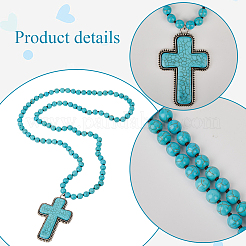Lega pavé tinto sintetico turchese croce pendente 8mm perline rotonde collane per le donne&nbsp;NJEW-WH20816-005AS