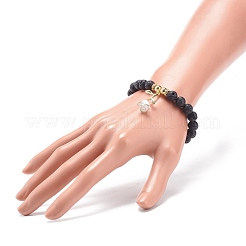 Bracciale elasticizzato con perline in pietra lavica naturale ed ematite sintetica&nbsp;BJEW-JB08689-02