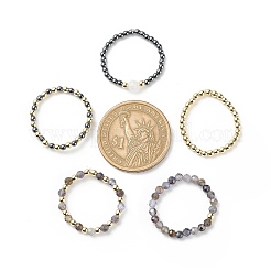 5 Stück 5 Stil natürlicher Regenbogen-Mondstein & Dichroit & synthetischer Hämatit rundes Perlen-Stretch-Fingerring-Set&nbsp;RJEW-JR00527
