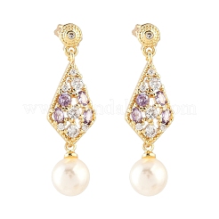 Pendientes colgantes de latón con micropavé de circonitas cúbicas transparentes y forma de rombo&nbsp;EJEW-C172-04G