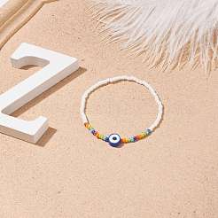 Elastisches Armband aus Fimo mit bösem Blick und Glassamenperlen für Frauen&nbsp;BJEW-JB08617