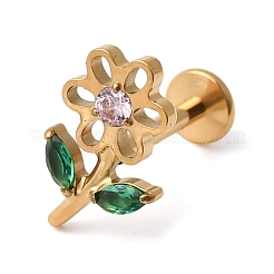 F136 Titan-Pavé-Lippenpiercings mit rosa und grünen Zirkoniablüten und Innengewinde&nbsp;ME-CBA9828-04G