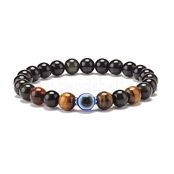 3 pièces 3 styles obsidienne naturelle et oeil de tigre et bois ensemble de bracelets extensibles&nbsp;BJEW-JB07622