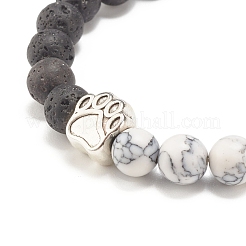Pulsera elástica con cuentas redondas de roca de lava natural y howlita sintética con huella de aleación&nbsp;BJEW-JB07843