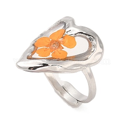 Corazón de resina epoxi con anillos ajustables de flores secas, 316 anillo de acero inoxidable quirúrgico, color acero inoxidable, diámetro interior: 17 mm