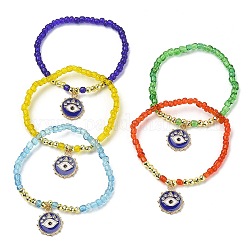 Bracelet extensible en hématite synthétique et perles de graines, bracelet à breloques mauvais œil en alliage émaillé, couleur mixte, diamètre intérieur: 2-3/8 pouce (6 cm)