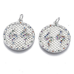 Brass Micro Pave Cubic Zirconia Pendants, Textured, with Jump Rings, Nickel Free, Flat Round with Double Snakes, Colorful, Real Platinum Plated, 23x20x2mm, Jump Ring: 5x0.6mm, inner diameter: 3mm