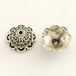 Tibetan Style Zinc Alloy Flower Bead Caps, Multi-Petal, Antique Silver, 14x6mm, Hole: 2mm