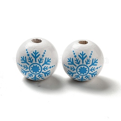 Navidad copo de nieve impreso madera europea perlas, Abalorios de grande agujero, redondo, blanco, 16mm, agujero: 4 mm
