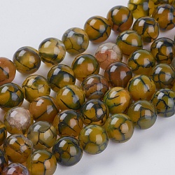 Natural Dragon Veins Agate Beads Strands, Dyed, Round, Olive, 10mm, Hole: 1mm