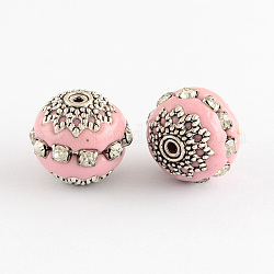 Round Handmade Indonesia Beads, with Rhinestones and Alloy Cores, Antique Silver, Pink, 13x16~19mm, Hole: 1mm