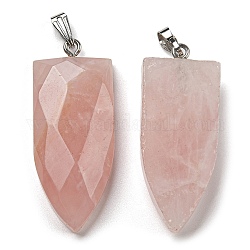 Naturelle quartz rose a pendentifs, Breloques en forme de balle à facettes avec ton platine, 201 fermoir à pression en acier inoxydable, 42~42.5x17.5~18.5x8~8.5mm, Trou: 8.2x3mm