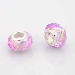 AB Color Plated Glass European Beads, Large Hole Rondelle Beads, with Silver Color Plated Brass Cores, Faceted, Pearl Pink, 14x9mm, Hole: 5mm