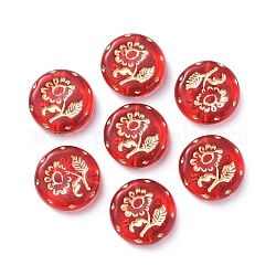 Plating Acrylic Beads, Metal Enlaced, Flat Round with Flower, Red, 18x5mm, Hole: 1.6mm, about 399pcs/500g