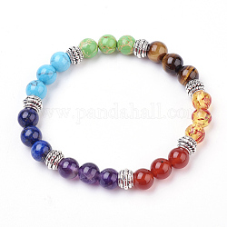 Bracelets élastiques en pierres gemmes, avec les accessoires en alliage, ronde, chakra perles bracelets, 2-1/4 pouce (57 mm)