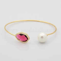 Golden Plated Polygon Brass Glass Cuff Bangles, with Round Shell Pearl, Cerise, 53x64mm