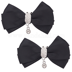 2pcs décoration de chaussures bowknot en polyester détachable, avec clip de boucle en alliage, strass en verre de cristal, noir, 90x50mm