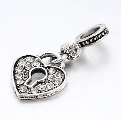 Grand trou coeur serrure alliage strass breloques européennes pendantes, argent antique, cristal, 25mm, Trou: 5mm