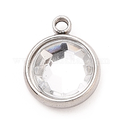 304 Stainless Steel Charms, with Acrylic Rhinestone, Birthstone Charms, Faceted, Flat Round, Stainless Steel Color, Crystal, 12x10x4.4mm, Hole: 1.3mm