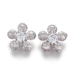Brass Micro Pave Clear Cubic Zirconia Shank Buttons, Flower, Platinum, 14x9mm, Hole: 3mm