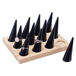 Vitrinenhalter aus Holzring, mit 12 Stück Acryl-Fingerring, kegelförmiger Präsentationsständer, Schwarz, 16x12x8 cm