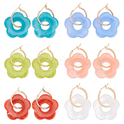 ANATTASOUL 6 Pairs 6 Colors Cute Acrylic Flower Dangle Hoop Earrings, Light Gold Alloy Jewelry for Woman, Mixed Color, 36mm, Pin: 0.7mm, 1 Pair/color