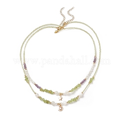 Ensembles de colliers pendentif étoile et lune pour femmes, colliers de perles naturelles péridot & pierre de lune & améthyste, 16.14~18.5 pouce (41~47 cm), 2 pièces / kit