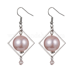 Boucles d'oreilles rondes en plastique ABS avec perles d'imitation, 304 bijou losange en acier inoxydable avec imitation cristal autrichien 5301 perles toupies et crochets de boucle d'oreille en fer, brun rosé, 55x27.5mm