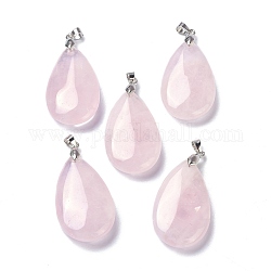 Pendentifs de quartz rose naturel, avec accessoires en laiton, larme, 35x20x7.5~9mm, Trou: 4x3.5mm