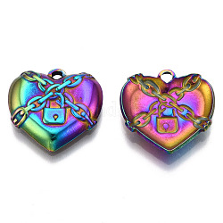 201 Stainless Steel Pendants, Locked Heart Charm, Rainbow Color, 19.5x20x3.5mm, Hole: 1.8mm